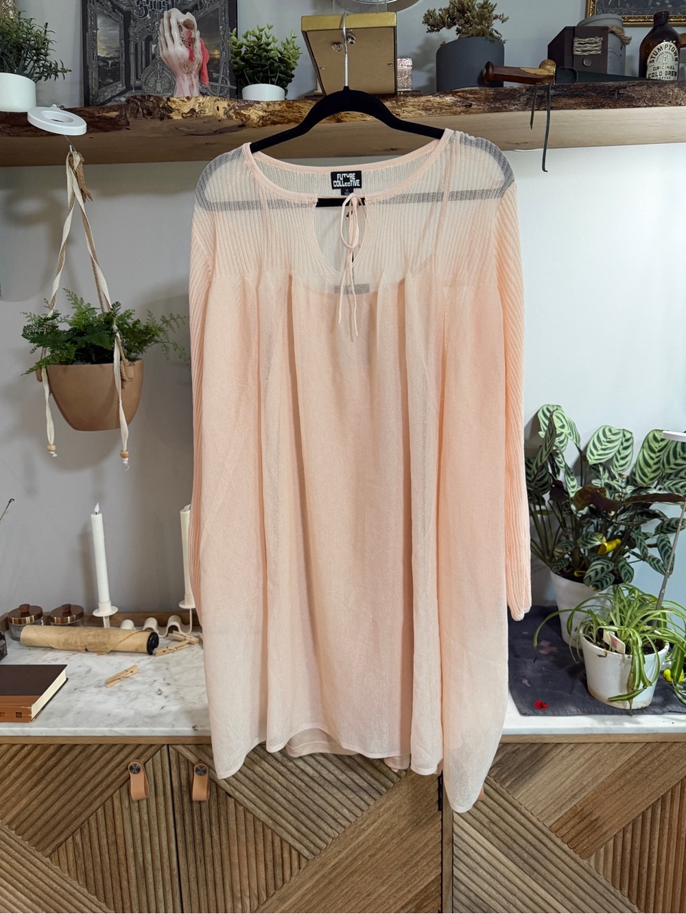 NWT Future Collective Peach Oversize Sheer Tie-Neck Blouse with Slip